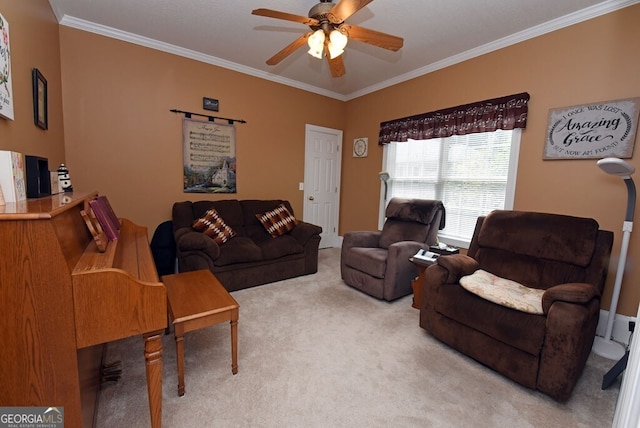 living room with a ceiling fan, light colored carpet, and ornamental molding