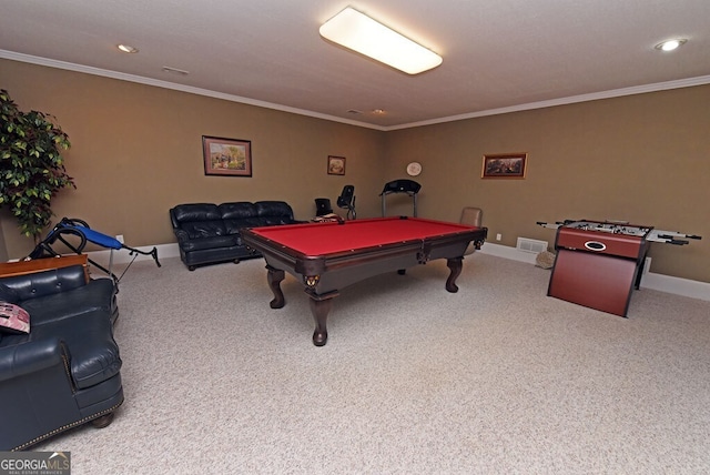 recreation room with billiards, visible vents, baseboards, crown molding, and carpet flooring