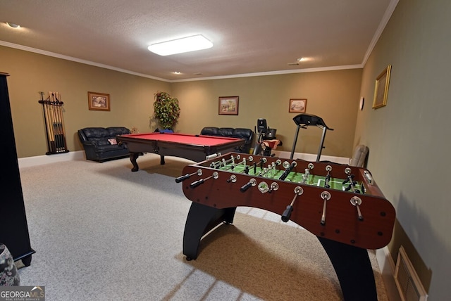 rec room with pool table, visible vents, carpet floors, and ornamental molding