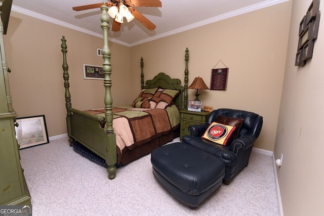 bedroom with baseboards, carpet, ornamental molding, and a ceiling fan