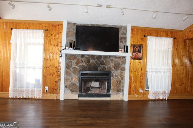 unfurnished living room featuring wood finished floors, a textured ceiling, a stone fireplace, and wood walls