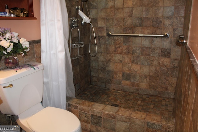 bathroom with a stall shower and toilet