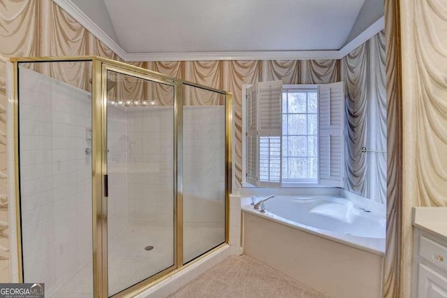 full bathroom with a bath, a shower stall, crown molding, and lofted ceiling