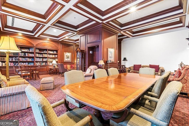 carpeted dining space with crown molding, beamed ceiling, and coffered ceiling