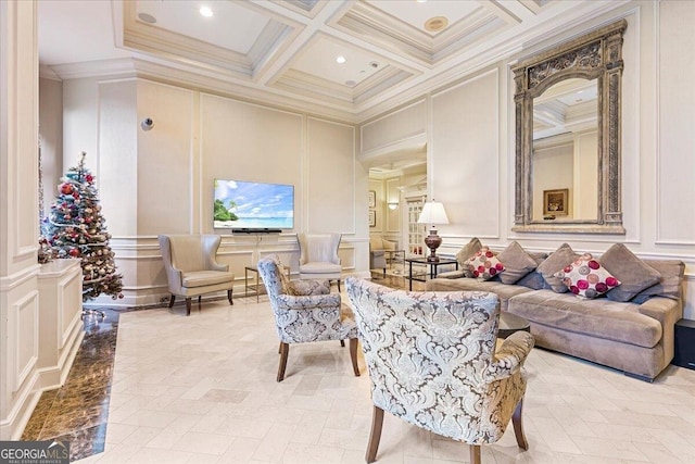 living area featuring coffered ceiling, beam ceiling, ornamental molding, a towering ceiling, and a decorative wall