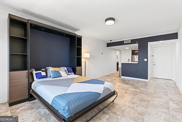 bedroom featuring visible vents, baseboards, and crown molding