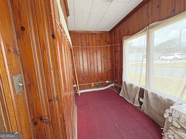 unfurnished room with wood walls and dark carpet