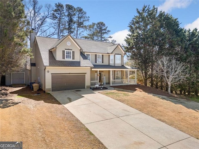 traditional-style home with a chimney, a shingled roof, driveway, a porch, and a garage