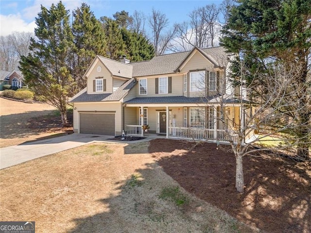 view of front of property with a chimney, a shingled roof, driveway, covered porch, and a garage