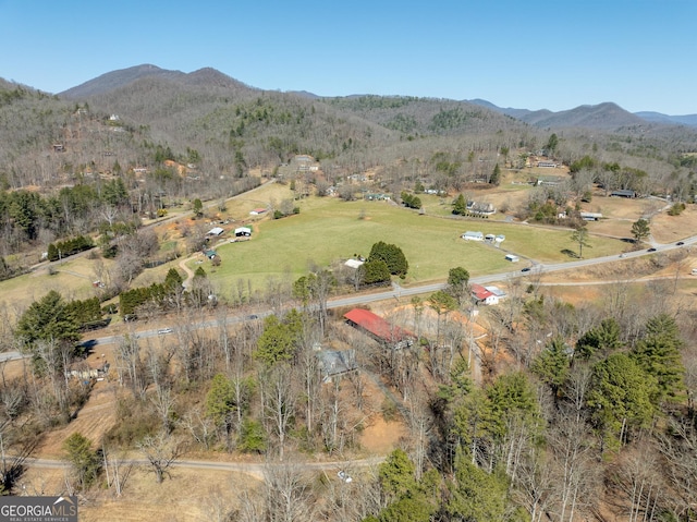 drone / aerial view featuring a mountain view