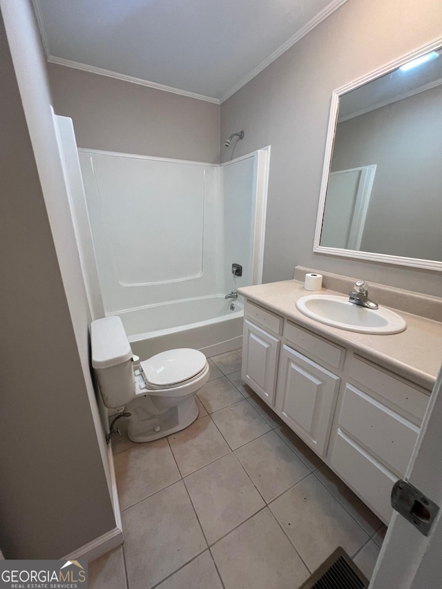 full bath with tile patterned flooring, crown molding, toilet, bathtub / shower combination, and vanity