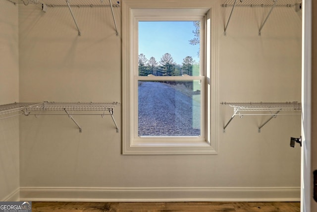 walk in closet with wood finished floors