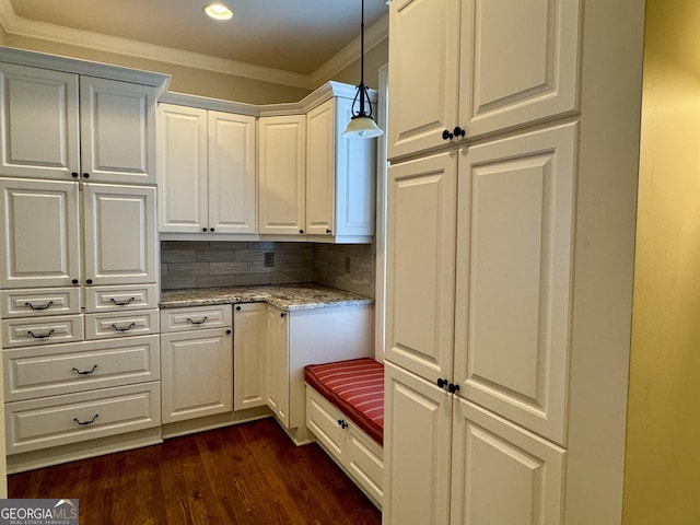 interior space with tasteful backsplash, dark wood-type flooring, light stone counters, pendant lighting, and white cabinets