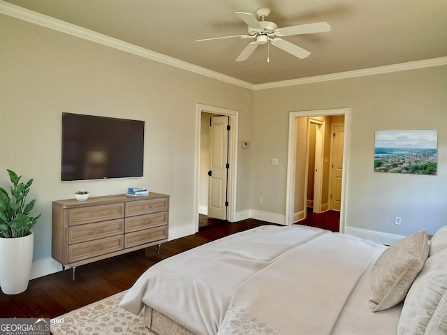 bedroom with a ceiling fan, dark wood-style flooring, ornamental molding, and baseboards