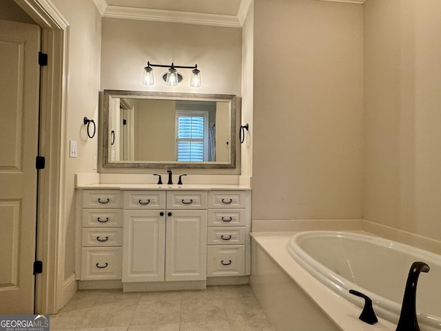 bathroom with tile patterned flooring, vanity, ornamental molding, and a garden tub