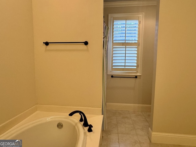bathroom featuring a shower, tile patterned floors, baseboards, and a bath
