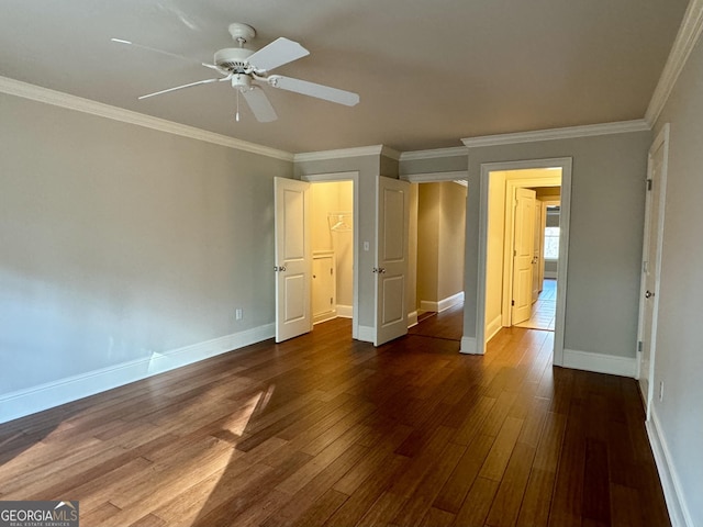 unfurnished bedroom featuring baseboards, ceiling fan, ornamental molding, and dark wood-style flooring