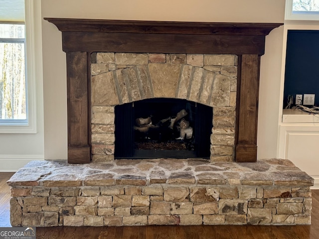 details with baseboards, a fireplace, and wood finished floors