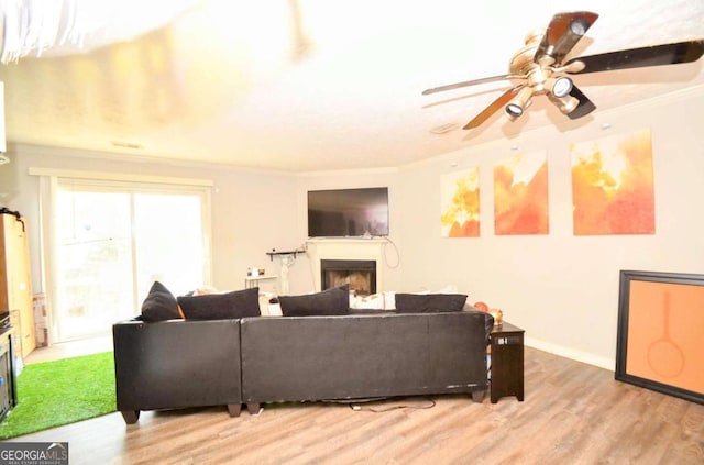 living room featuring baseboards, a fireplace, ceiling fan, ornamental molding, and light wood-type flooring