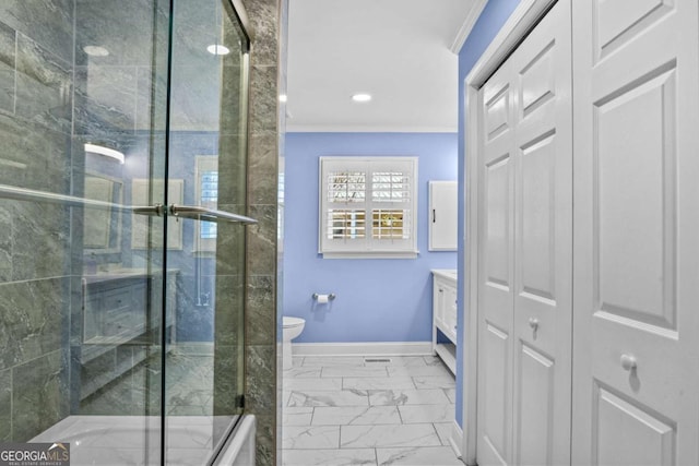 bathroom with baseboards, marble finish floor, a stall shower, and vanity