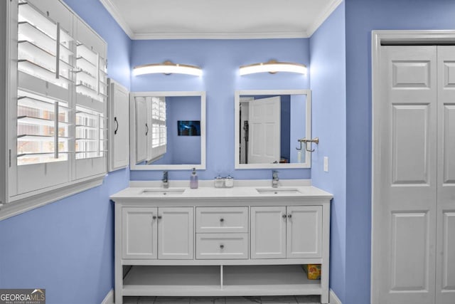 bathroom with a sink, ornamental molding, and double vanity