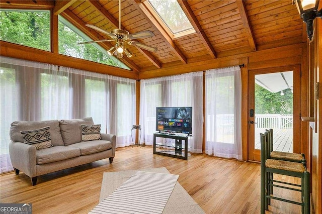 living room featuring a healthy amount of sunlight, wood ceiling, light wood-style flooring, and a ceiling fan
