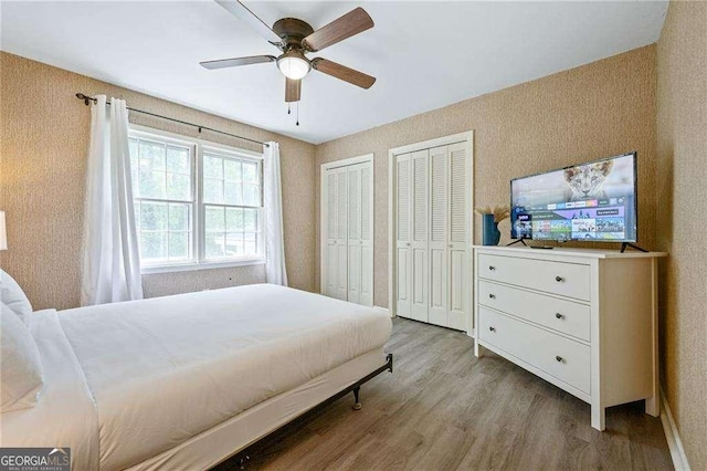 bedroom featuring ceiling fan, two closets, and wood finished floors