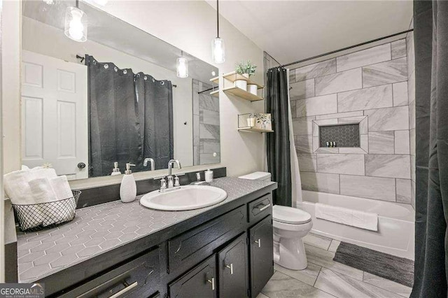bathroom featuring vanity, toilet, and shower / tub combo with curtain