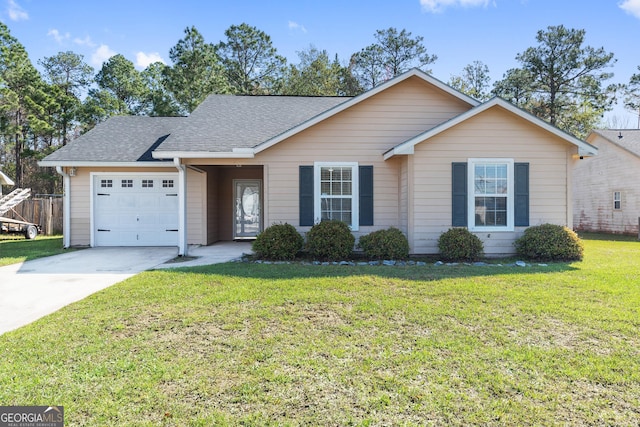 ranch-style house with driveway, a front lawn, roof with shingles, and an attached garage