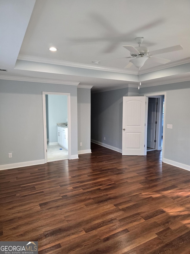 interior space with dark wood-style floors, ceiling fan, and crown molding