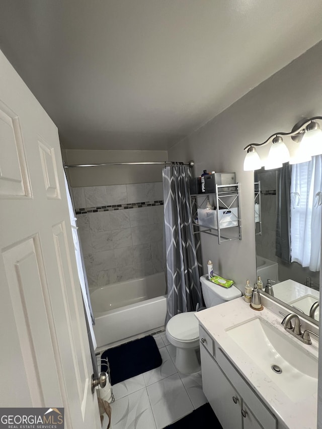 bathroom with vanity, shower / bath combination with curtain, and toilet