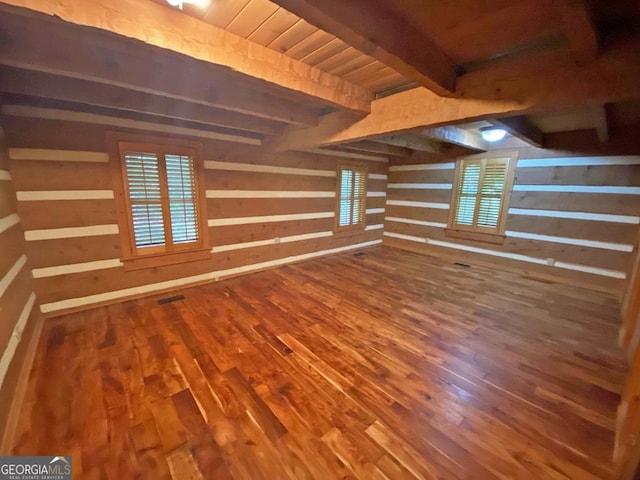 interior space featuring wooden walls, beamed ceiling, wooden ceiling, and wood finished floors