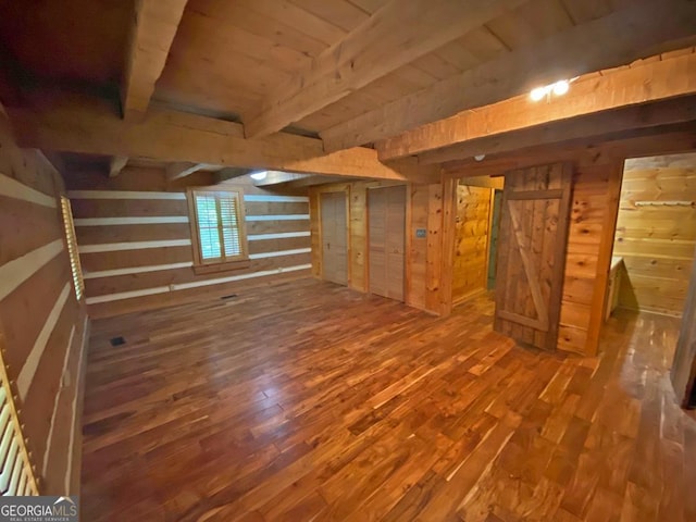 additional living space with beam ceiling, wooden walls, wood ceiling, and wood finished floors