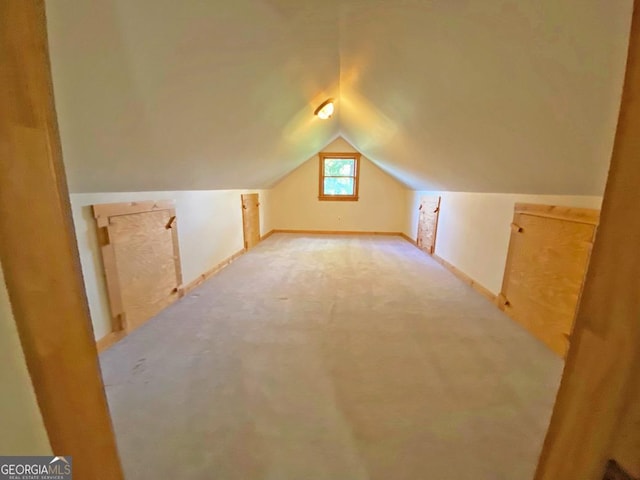 additional living space with light carpet, baseboards, and vaulted ceiling