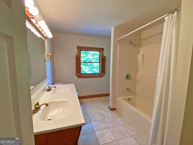 full bathroom with a sink, shower / bathtub combination with curtain, baseboards, and double vanity