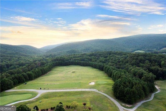 aerial view featuring a view of trees and a mountain view