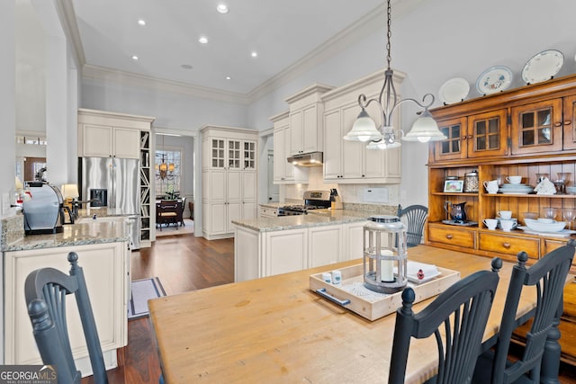 kitchen featuring a peninsula, ornamental molding, decorative backsplash, stainless steel appliances, and under cabinet range hood