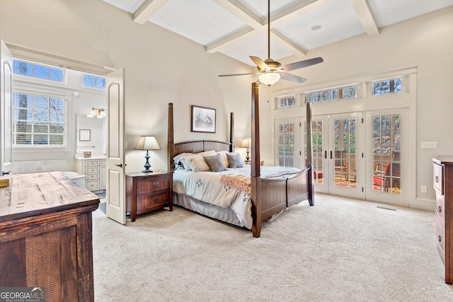 300 Rock Creek Trl, Toccoa, GA 30577 - bedroom with coffered ceiling, access to exterior, french doors, light colored carpet, and beamed ceiling