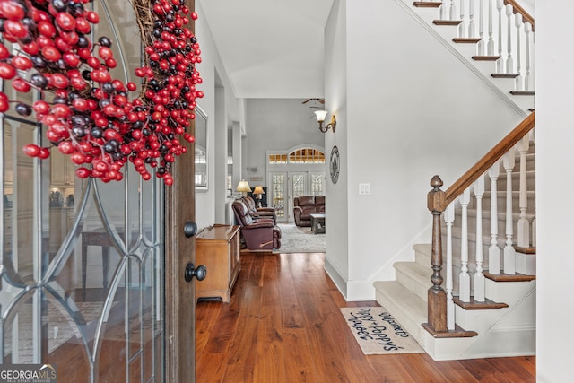 300 Rock Creek Trl, Toccoa, GA 30577 - foyer with hardwood / wood-style flooring, stairs, and baseboards