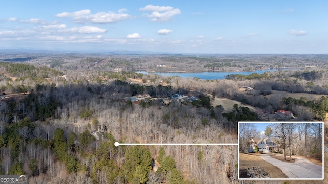 aerial view with a forest view and a water view