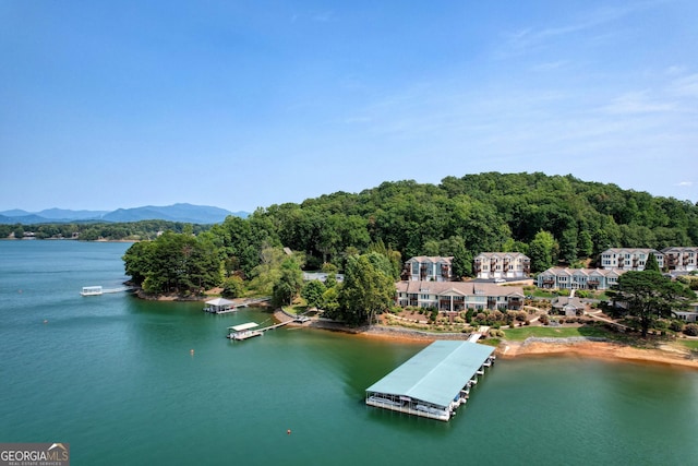 bird's eye view featuring a water and mountain view