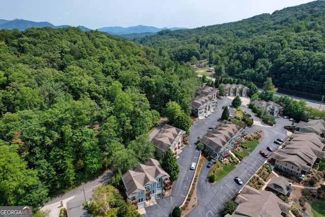 birds eye view of property featuring a residential view, a view of trees, and a mountain view