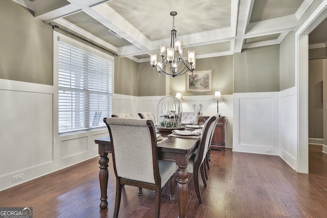 dining space with beam ceiling, coffered ceiling, dark wood finished floors, an inviting chandelier, and a decorative wall