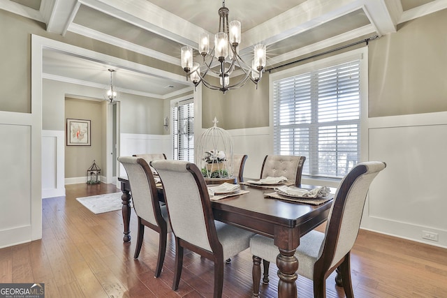 dining space with a wainscoted wall, beam ceiling, wood-type flooring, and a chandelier