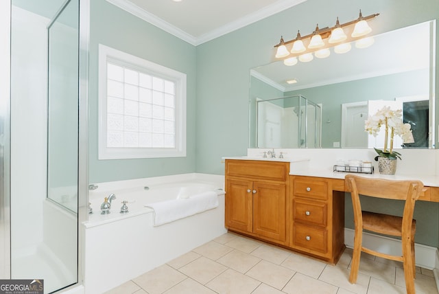 full bath featuring a shower stall, crown molding, a garden tub, tile patterned floors, and vanity