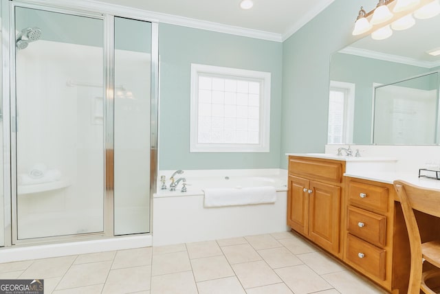 bathroom with a garden tub, a stall shower, ornamental molding, tile patterned flooring, and vanity