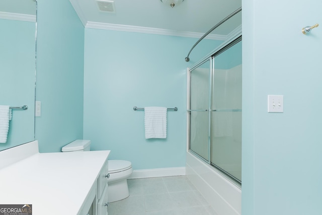 full bathroom with tile patterned floors, visible vents, toilet, ornamental molding, and vanity