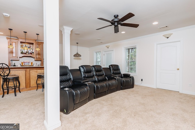 unfurnished living room with crown molding, baseboards, ceiling fan, light carpet, and recessed lighting