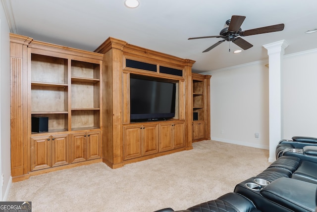 kitchen featuring a breakfast bar, arched walkways, crown molding, light colored carpet, and stainless steel fridge