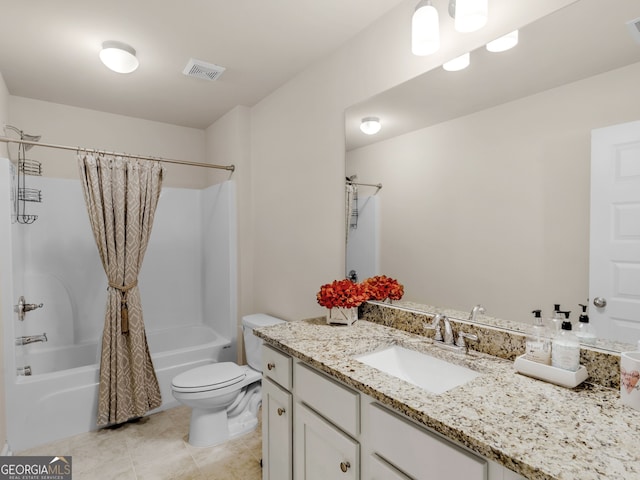 bathroom featuring visible vents, shower / bath combo with shower curtain, toilet, tile patterned flooring, and vanity